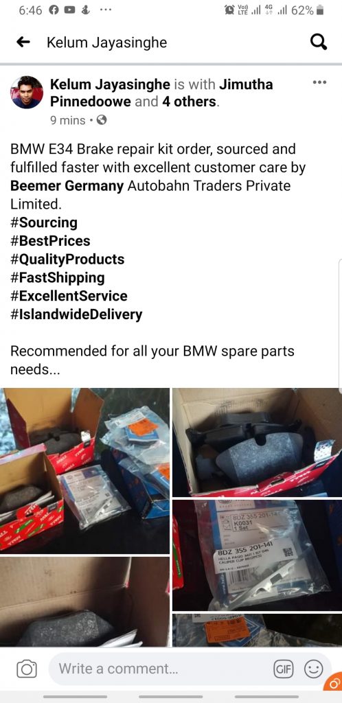 BMW E34 brake repair kit order, sourced and fulfilled with excellent customer care by Beemer Germany , Autobahn Traders Private Limited.
#Sourcing #Bestprices #Qualityproducts #Fastshipping #Excellentservice #Islandwidedelivery
Recommended for all your BMW spare parts needs.